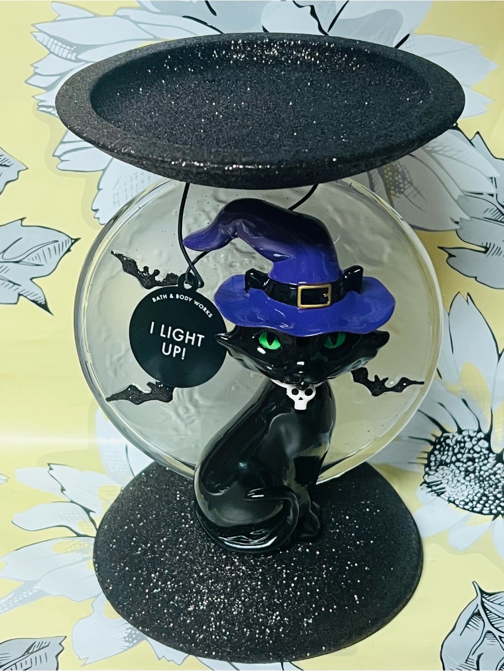 Light-up Cat & Moon Pedestal Bath & Body Works 3-wick Halloween Candle Holder